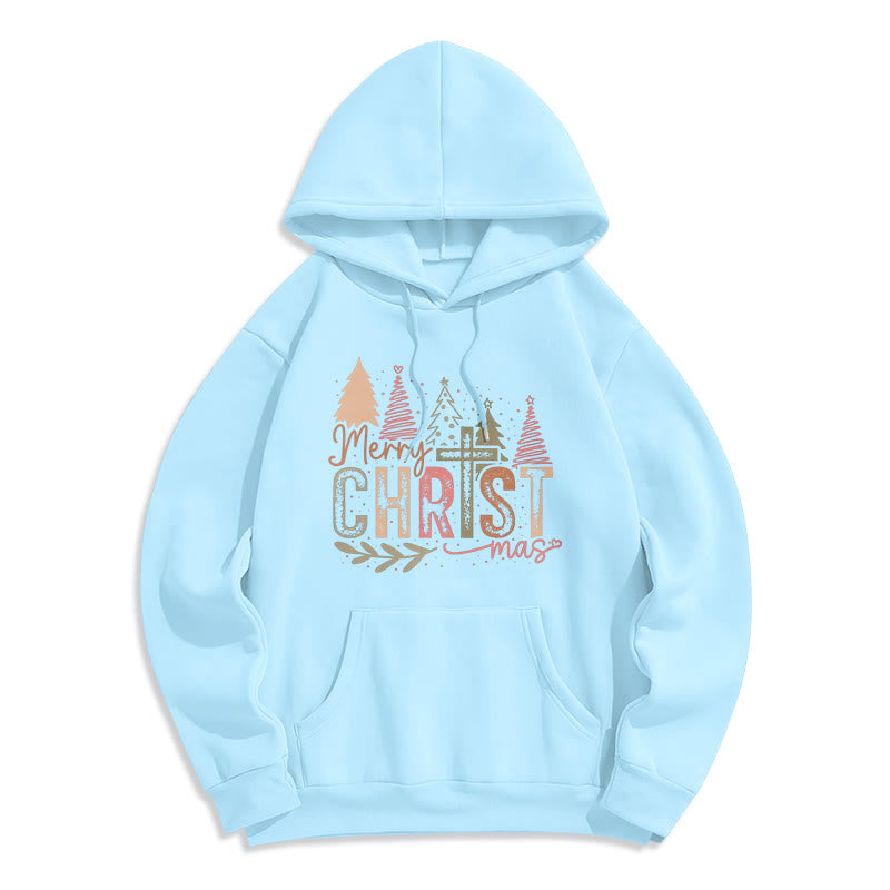 Merry Christmas Religious Cross and Tree Design Fleece Lined Polyester Hoodie