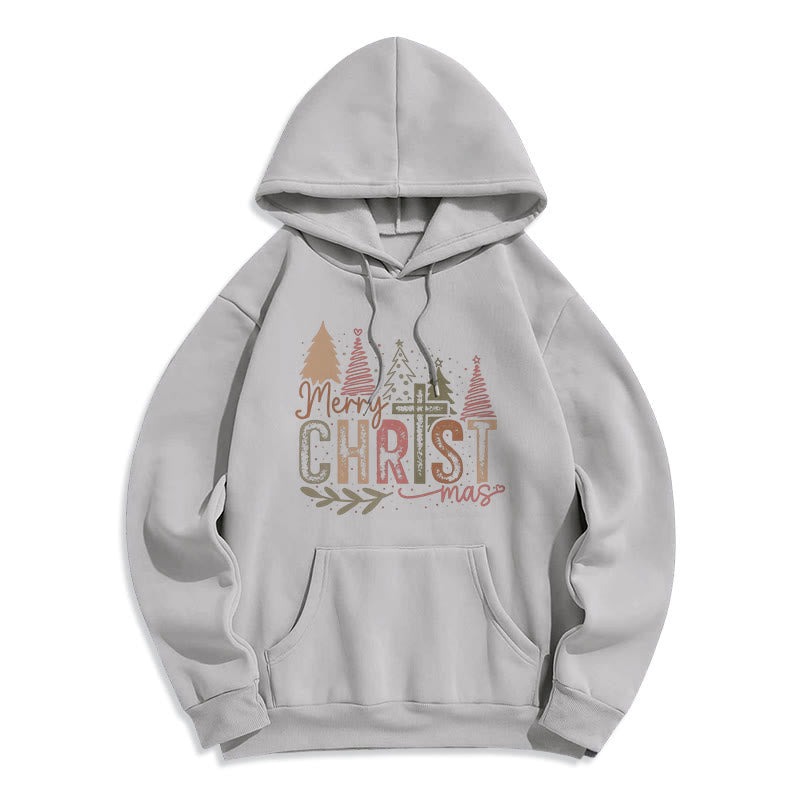 Merry Christmas Religious Cross and Tree Design Fleece Lined Polyester Hoodie