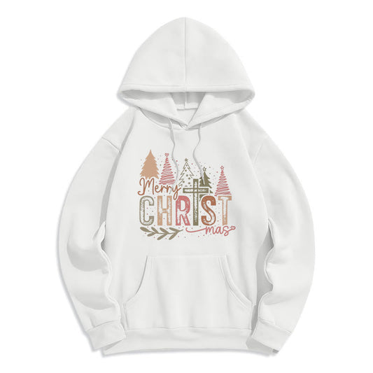 Merry Christmas Religious Cross and Tree Design Fleece Lined Polyester Hoodie