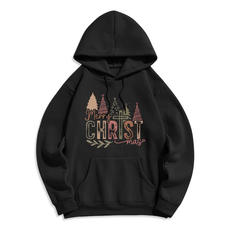 Merry Christmas Religious Cross and Tree Design Fleece Lined Polyester Hoodie