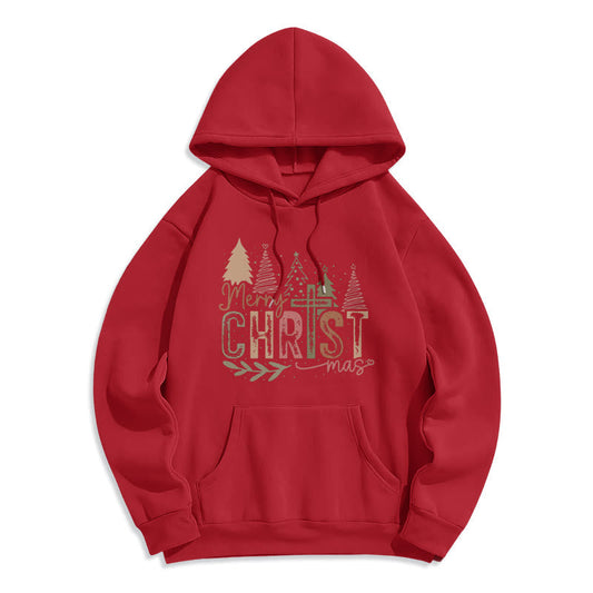 Merry Christmas Religious Cross and Tree Design Fleece Lined Polyester Hoodie
