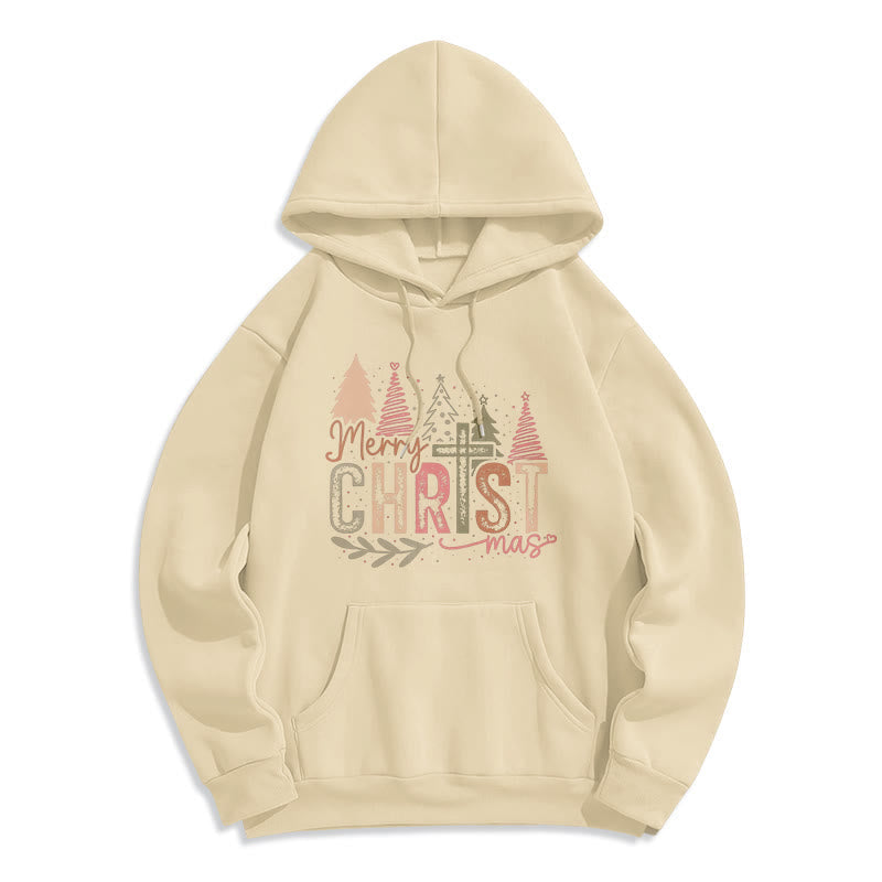 Merry Christmas Religious Cross and Tree Design Fleece Lined Polyester Hoodie