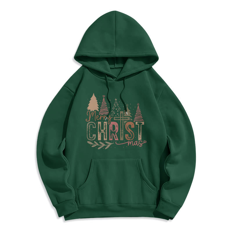 Merry Christmas Religious Cross and Tree Design Fleece Lined Polyester Hoodie