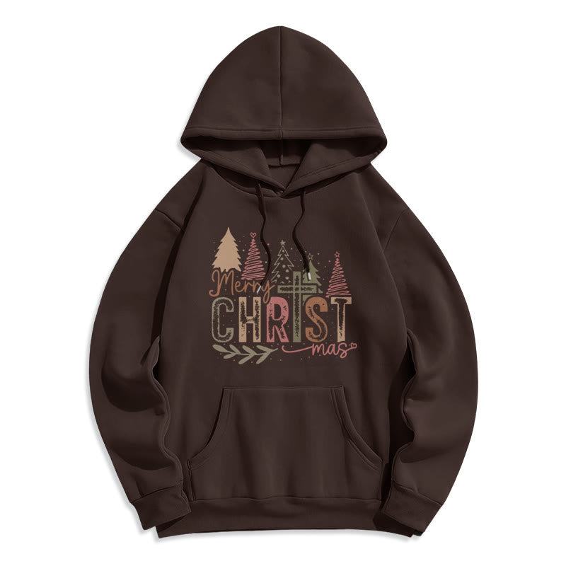 Merry Christmas Religious Cross and Tree Design Fleece Lined Polyester Hoodie