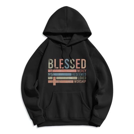 Faith - Centered Blessed Cross Graphic Fleece Lined Polyester Hoodie