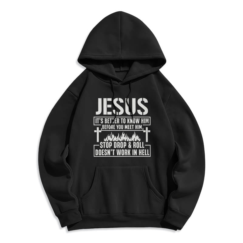 Jesus Cross & Flame Graphic with Faith Slogan Fleece Lined Polyester Hoodie