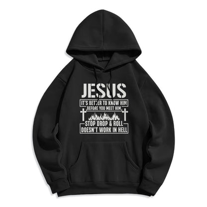 Jesus Cross & Flame Graphic with Faith Slogan Fleece Lined Polyester Hoodie