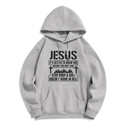 Jesus Cross & Flame Graphic with Faith Slogan Fleece Lined Polyester Hoodie