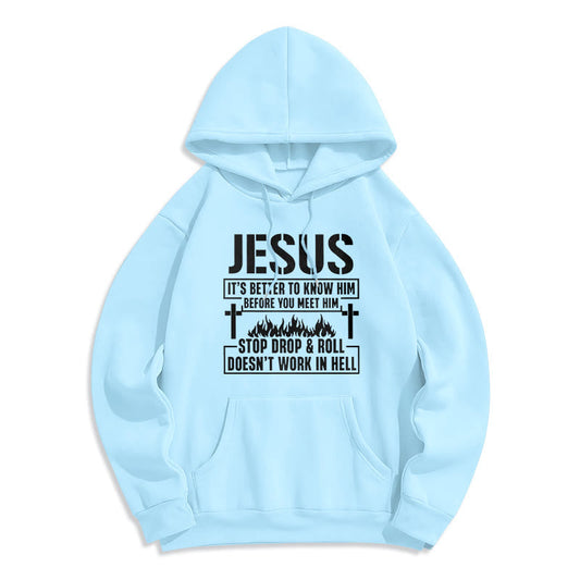 Jesus Cross & Flame Graphic with Faith Slogan Fleece Lined Polyester Hoodie