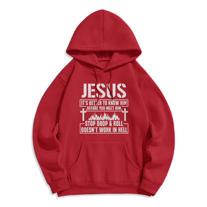 Jesus Cross & Flame Graphic with Faith Slogan Fleece Lined Polyester Hoodie
