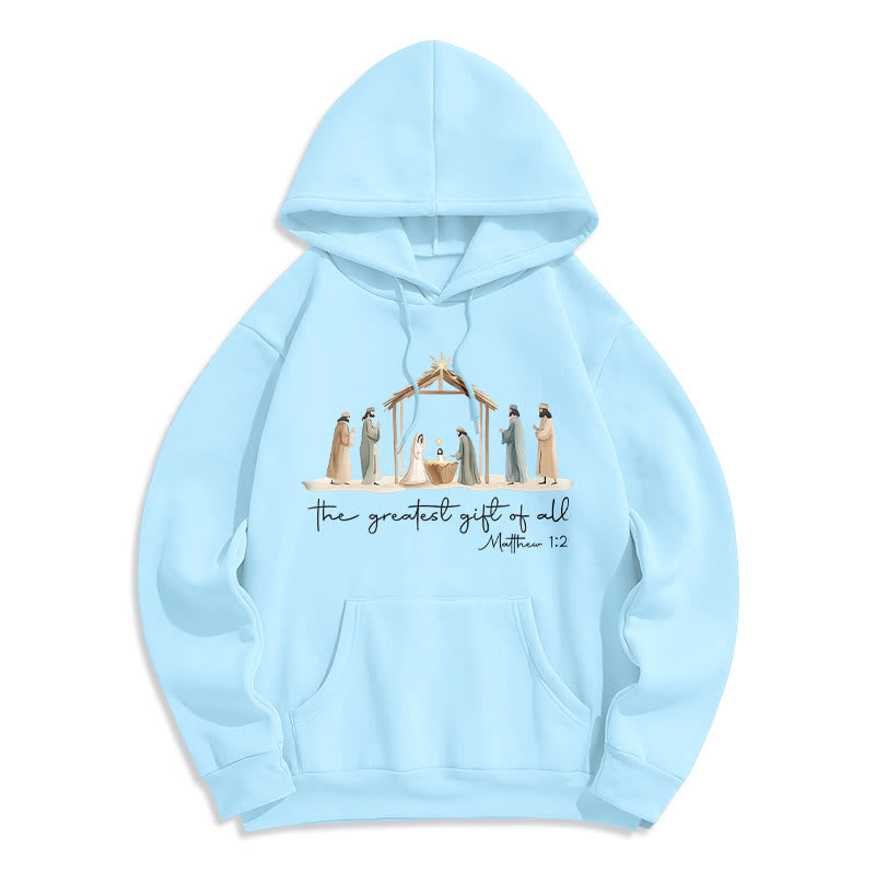 Cozy Nativity Scene Greatest Gift Scripture Fleece Lined Polyester Hoodie