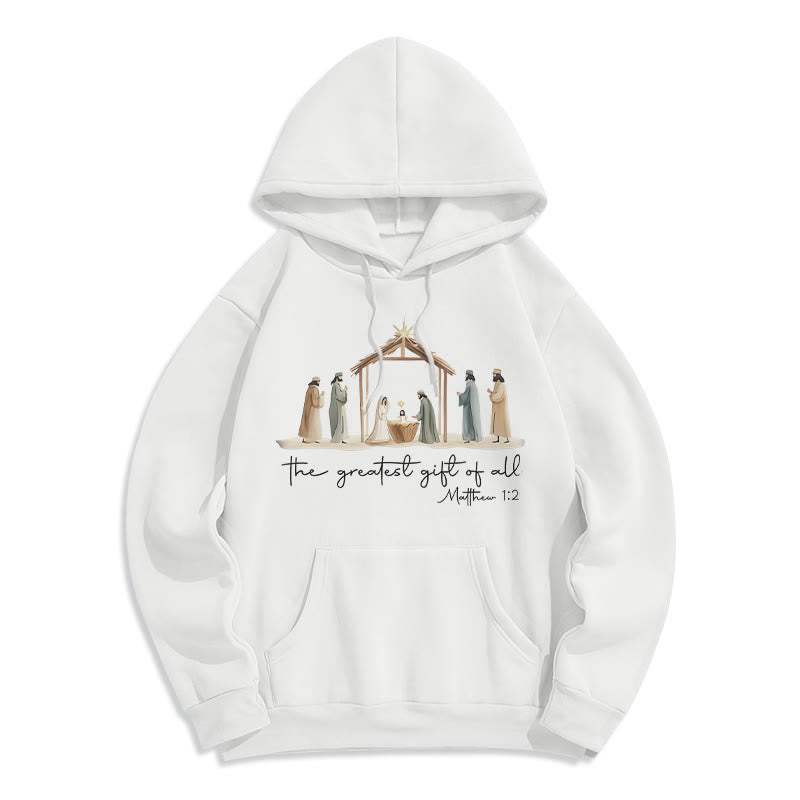 Cozy Nativity Scene Greatest Gift Scripture Fleece Lined Polyester Hoodie