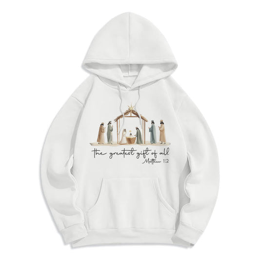 Cozy Nativity Scene Greatest Gift Scripture Fleece Lined Polyester Hoodie