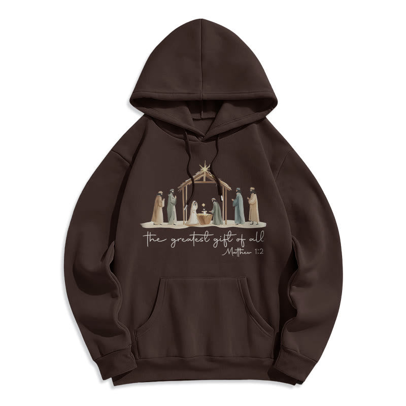 Cozy Nativity Scene Greatest Gift Scripture Fleece Lined Polyester Hoodie