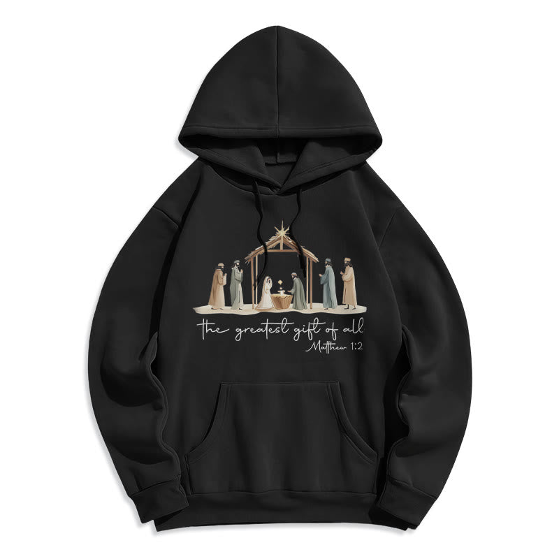 Cozy Nativity Scene Greatest Gift Scripture Fleece Lined Polyester Hoodie