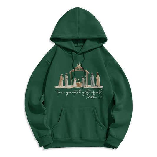 Cozy Nativity Scene Greatest Gift Scripture Fleece Lined Polyester Hoodie