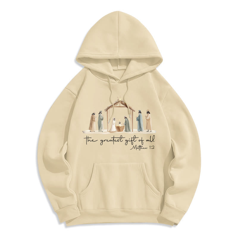 Cozy Nativity Scene Greatest Gift Scripture Fleece Lined Polyester Hoodie