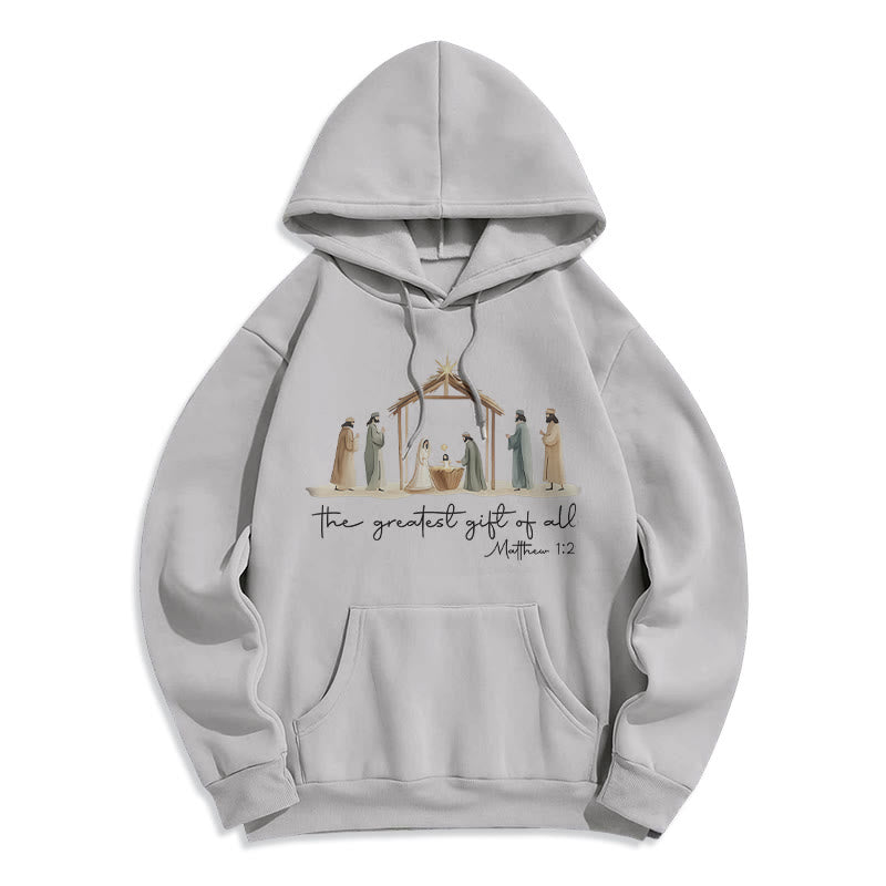 Cozy Nativity Scene Greatest Gift Scripture Fleece Lined Polyester Hoodie
