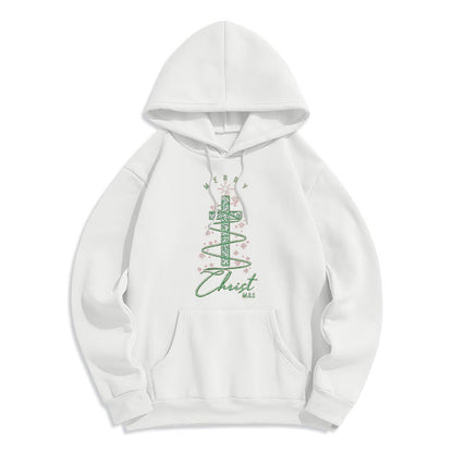 Shimmering Cross-Shaped Christmas Tree Fleece Lined Polyester Hoodie