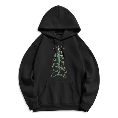Shimmering Cross-Shaped Christmas Tree Fleece Lined Polyester Hoodie
