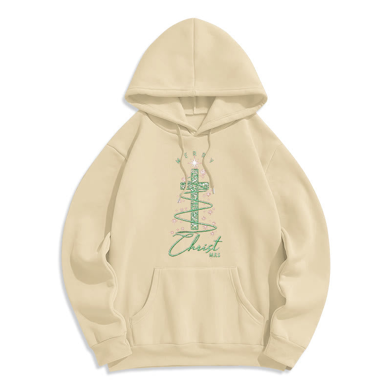 Shimmering Cross-Shaped Christmas Tree Fleece Lined Polyester Hoodie