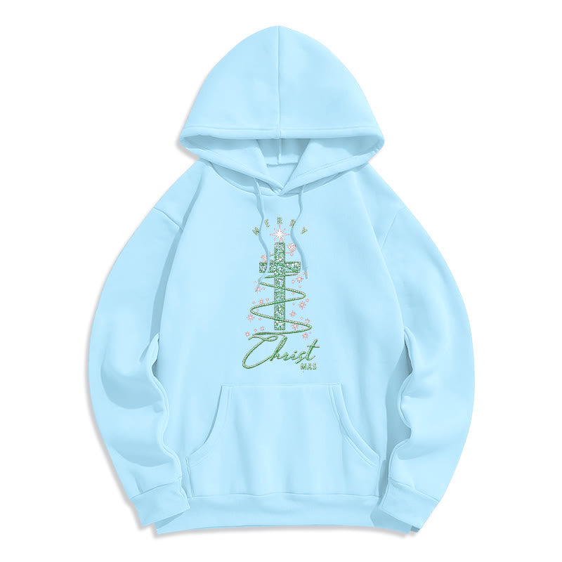 Shimmering Cross-Shaped Christmas Tree Fleece Lined Polyester Hoodie