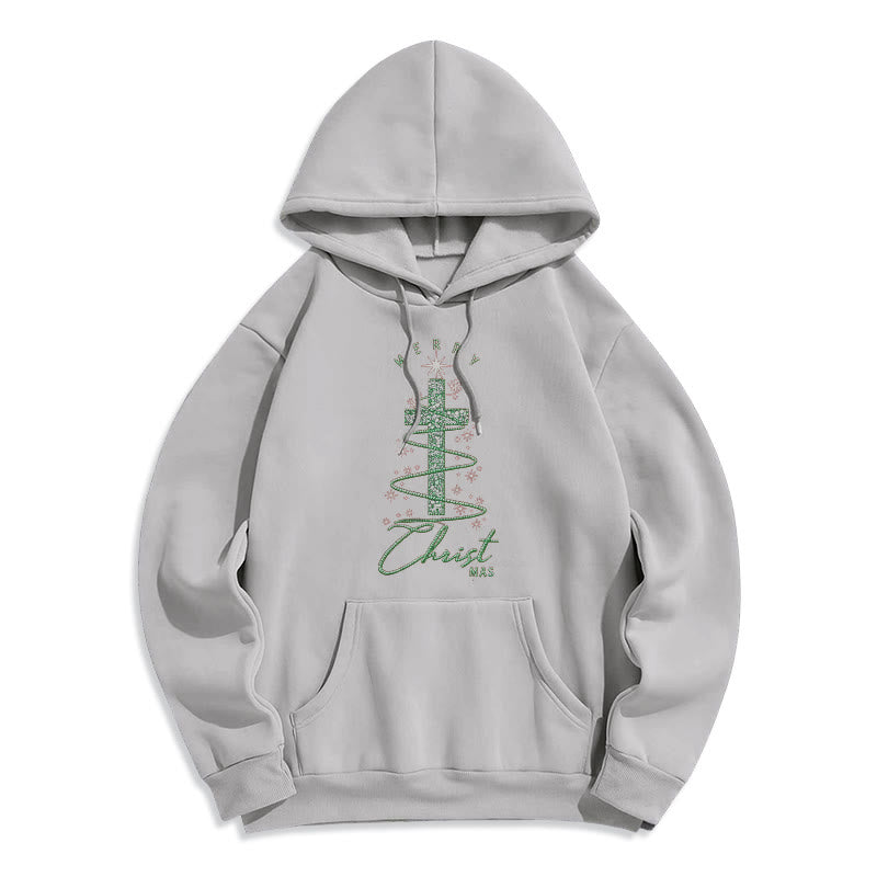 Shimmering Cross-Shaped Christmas Tree Fleece Lined Polyester Hoodie