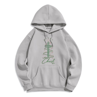 Shimmering Cross-Shaped Christmas Tree Fleece Lined Polyester Hoodie