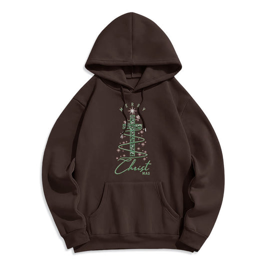 Shimmering Cross-Shaped Christmas Tree Fleece Lined Polyester Hoodie