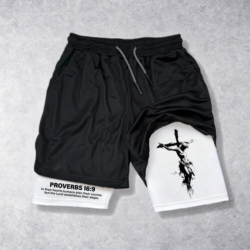 Christianartworkshop Crucifix & Proverbs 16:9 Performance Shorts: Carry Faith in Every Step