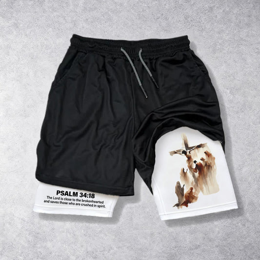 Christianartworkshop Psalm 34:18 Faith Performance Shorts with Watercolor Cross Design