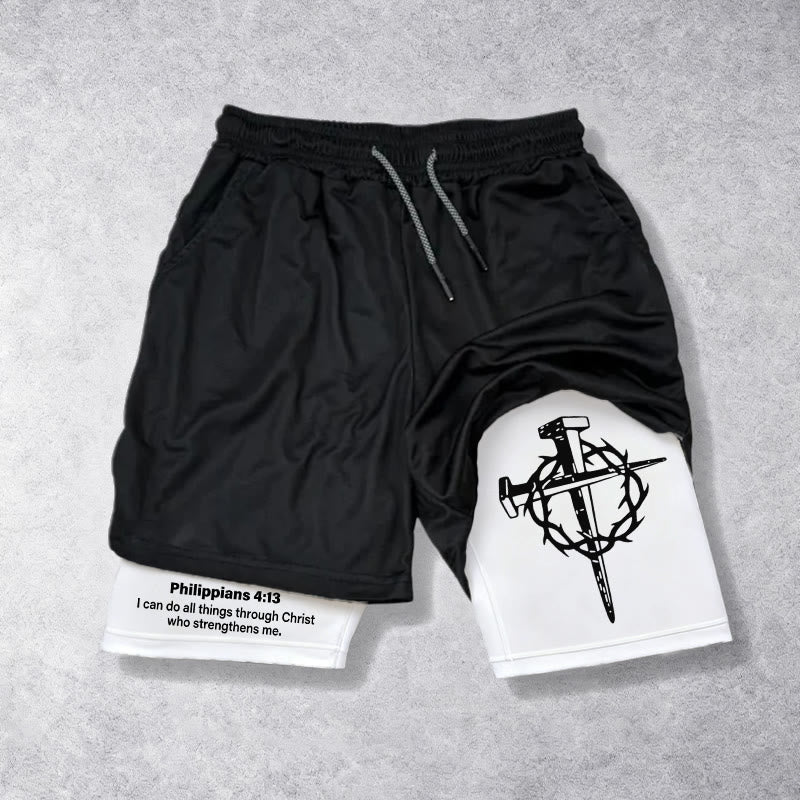 Christianartworkshop Philippians 4:13 Faith Performance Shorts with Nail & Crown Cross