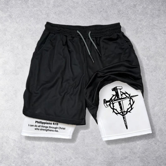 Christianartworkshop Philippians 4:13 Faith Performance Shorts with Nail & Crown Cross