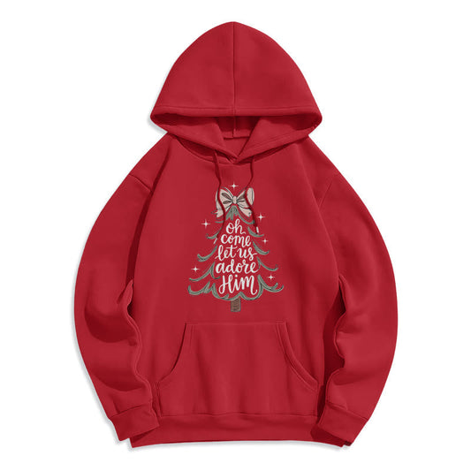 Oh Come Let Us Adore Him Christmas Fleece Lined Polyester Hoodie