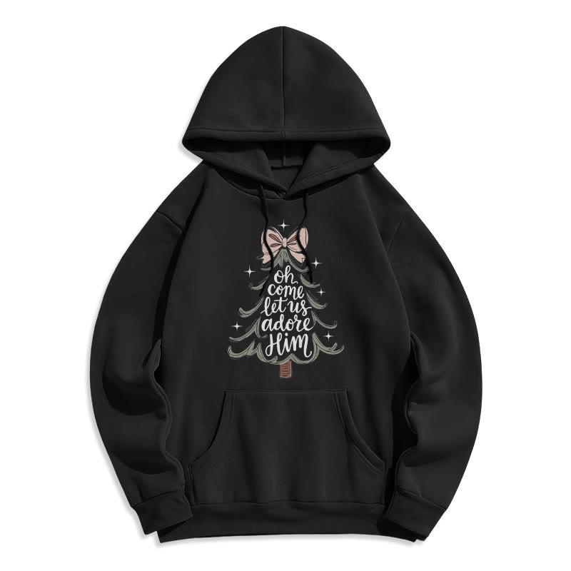 Oh Come Let Us Adore Him Christmas Fleece Lined Polyester Hoodie
