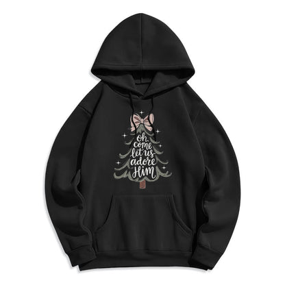 Oh Come Let Us Adore Him Christmas Fleece Lined Polyester Hoodie