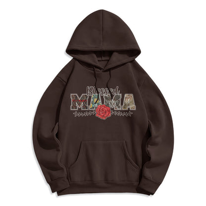 Blessed Mama & Rose Graphic Fleece Lined Polyester Hoodie