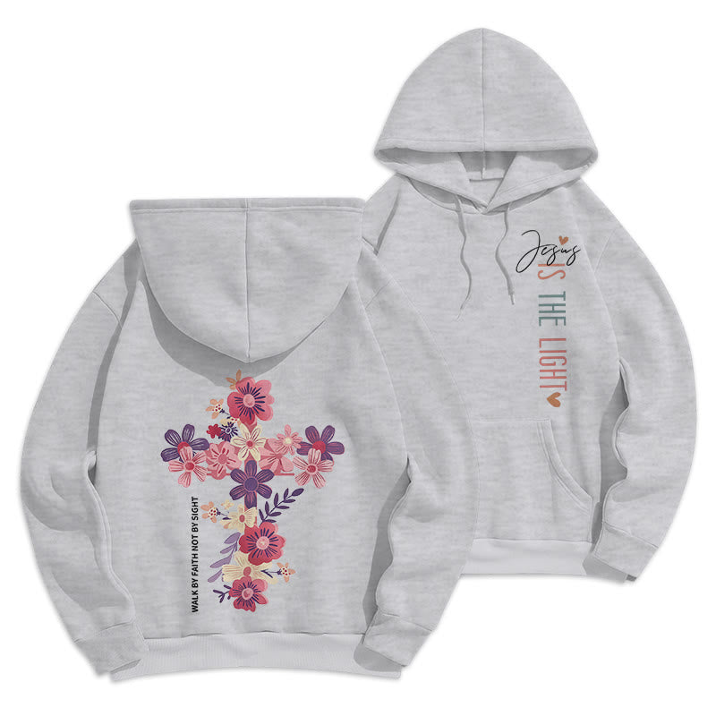 Jesus is the Light Floral Cross Faith Fleece Lined Polyester Hoodie
