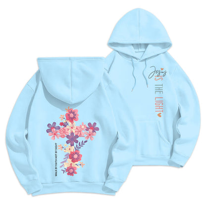 Jesus is the Light Floral Cross Faith Fleece Lined Polyester Hoodie