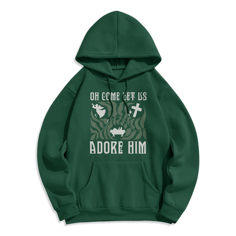 Oh Come Let Us Adore Him Christmas Tree Faith Fleece Lined Polyester Hoodie