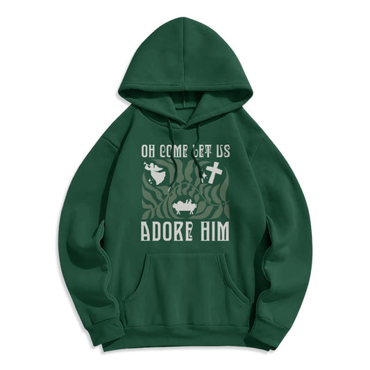 Oh Come Let Us Adore Him Christmas Tree Faith Fleece Lined Polyester Hoodie