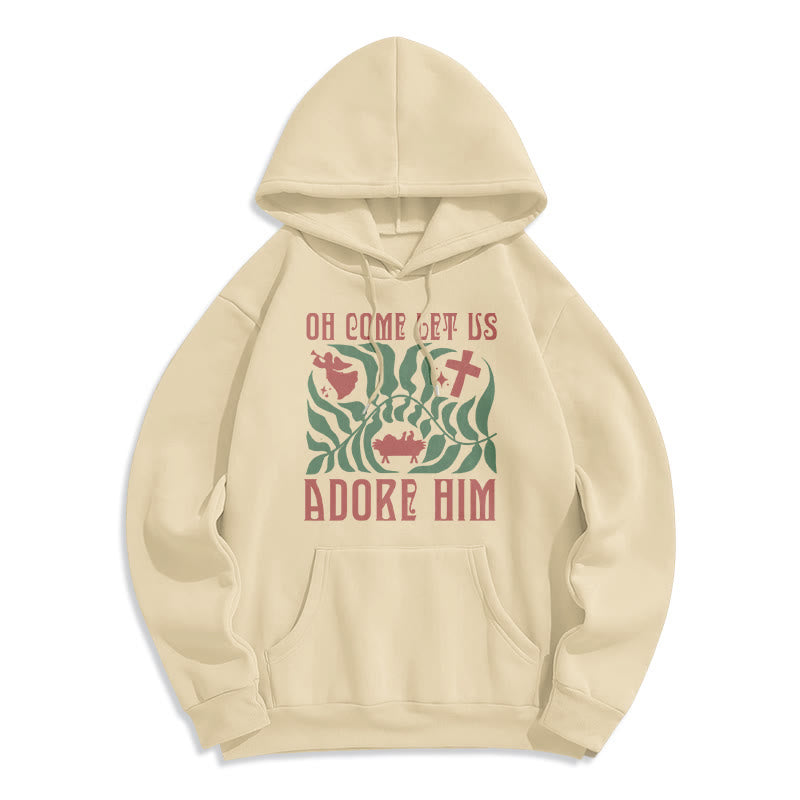 Oh Come Let Us Adore Him Christmas Tree Faith Fleece Lined Polyester Hoodie
