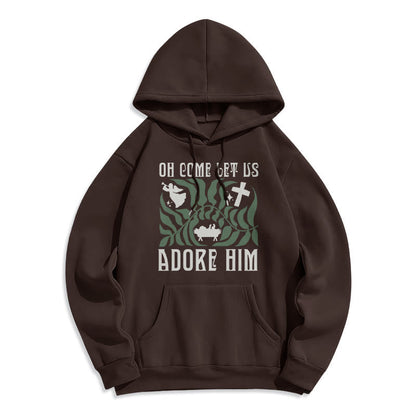 Oh Come Let Us Adore Him Christmas Tree Faith Fleece Lined Polyester Hoodie