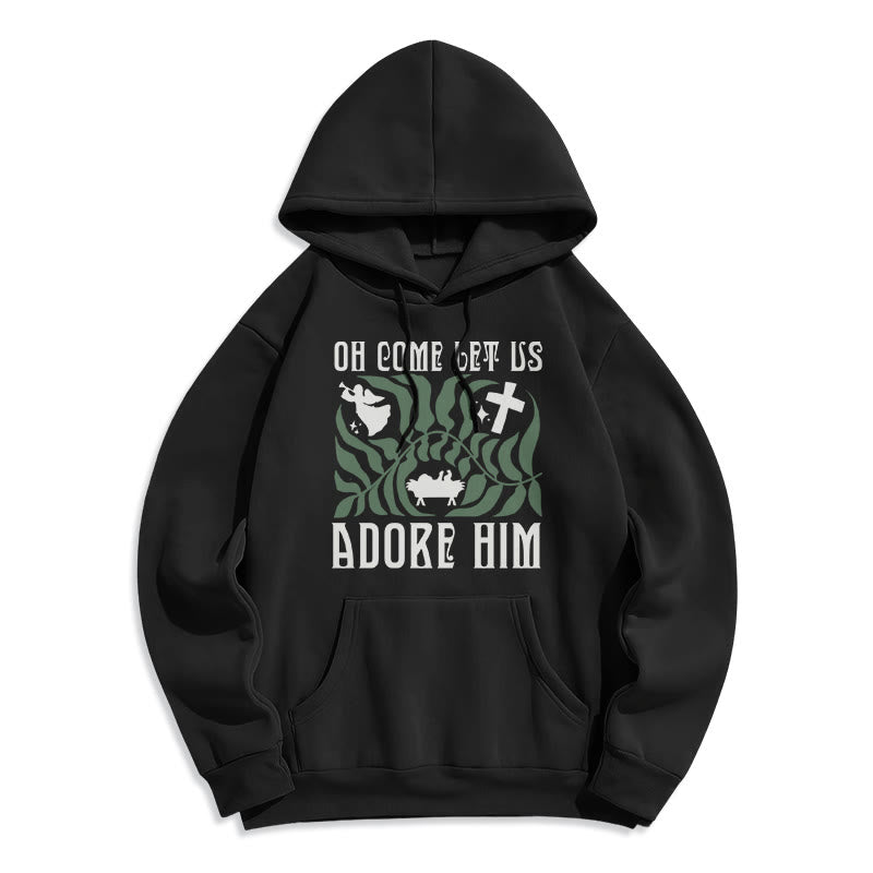 Oh Come Let Us Adore Him Christmas Tree Faith Fleece Lined Polyester Hoodie