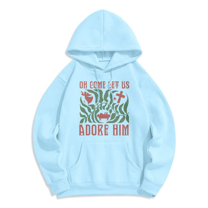 Oh Come Let Us Adore Him Christmas Tree Faith Fleece Lined Polyester Hoodie
