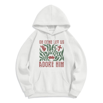 Oh Come Let Us Adore Him Christmas Tree Faith Fleece Lined Polyester Hoodie