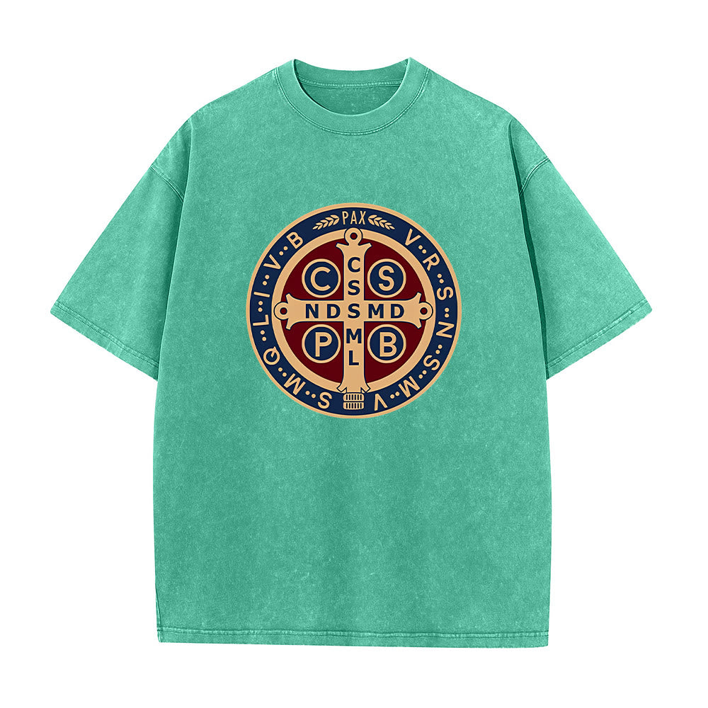 Christianartworkshop St. Benedict Medal Holy Cross Unisex Washed T-Shirt