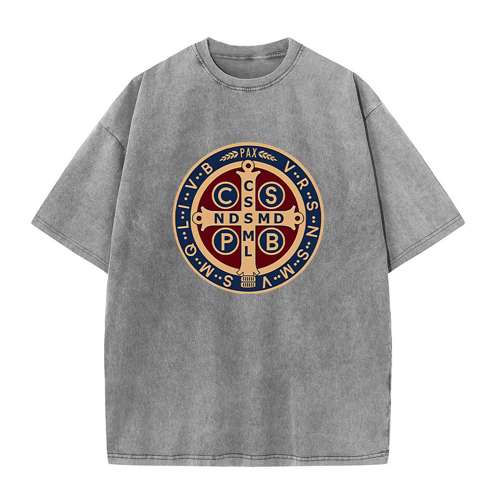 Christianartworkshop St. Benedict Medal Holy Cross Unisex Washed T-Shirt