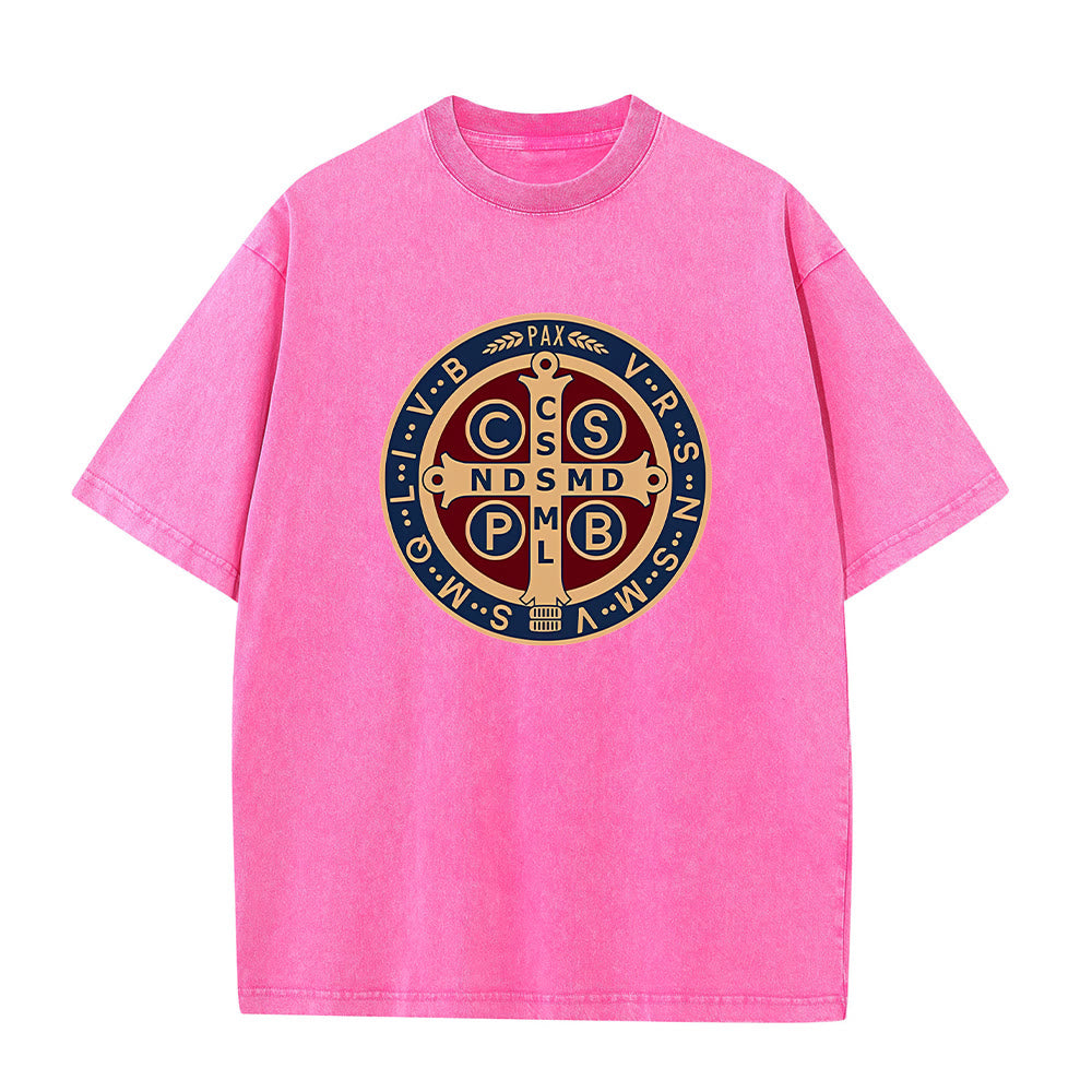Christianartworkshop St. Benedict Medal Holy Cross Unisex Washed T-Shirt