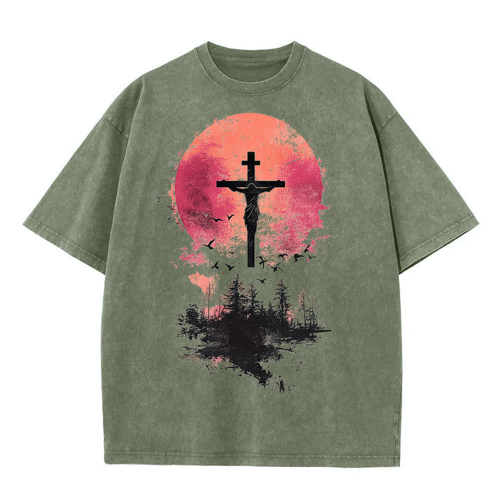Christianartworkshop Divine Crucifix Over Nature Landscape Unisex Washed T-shirt